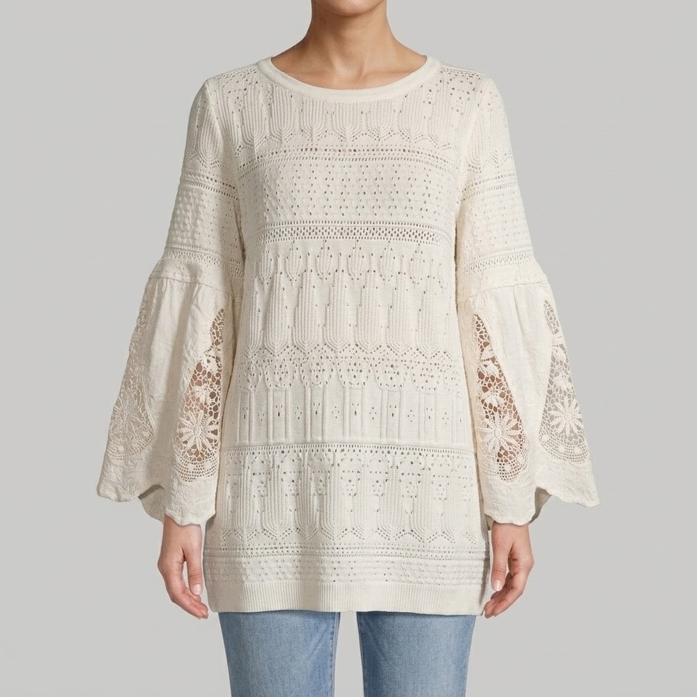 Tribal Jeans Cream Pointelle Knit Bell Sleeve Lace Crochet Boho Tunic Top Small